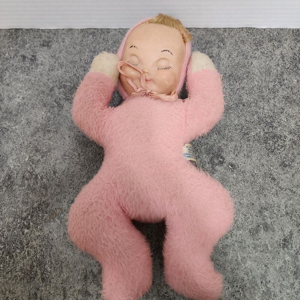 Vintage 1950s 1960s Rubber Face Sleeping Baby Plush Doll Custom Stuffed Toy Co